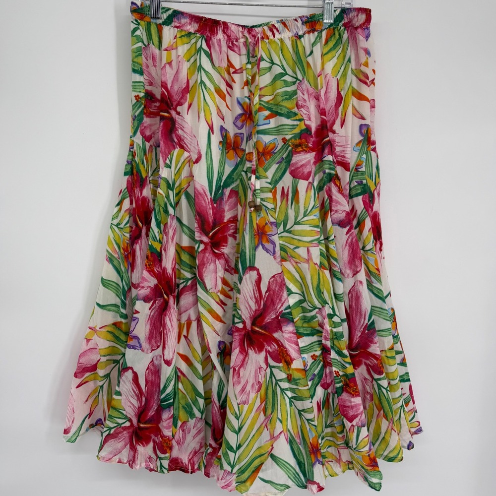 Westport Skirt Women XL Tropical Hibiscus Pink Green Gauzy Cruise Vacation Flare